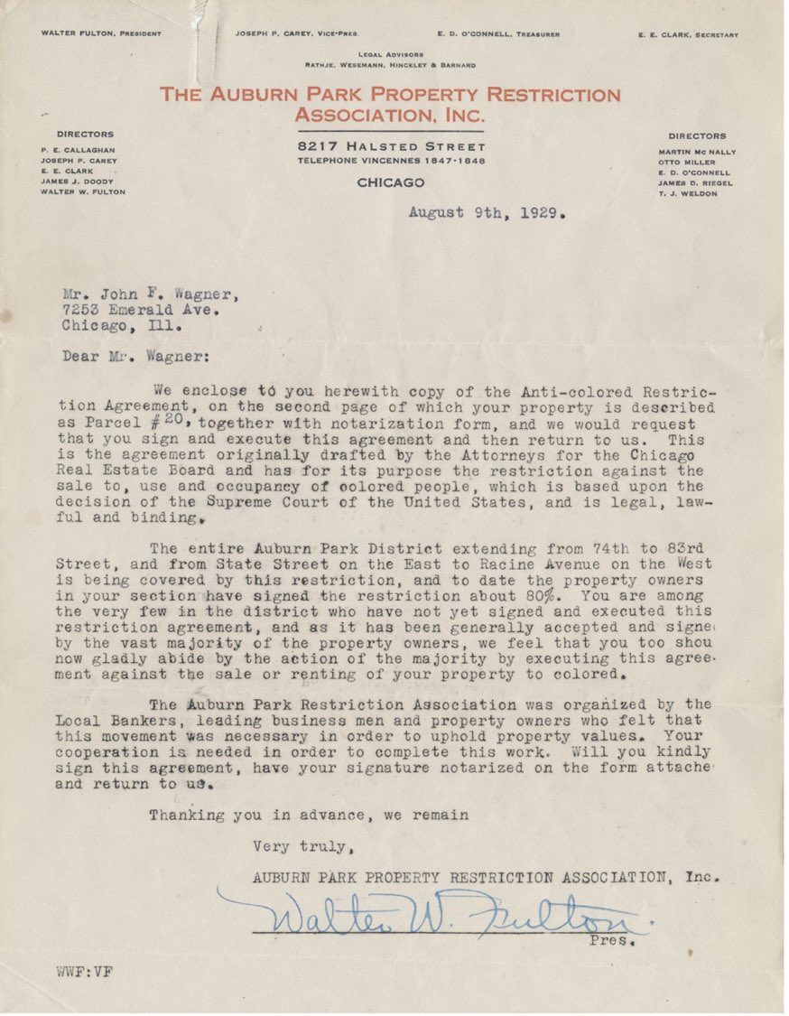 Letter from the Chicago Neighborhood Property Restriction Association, 1929