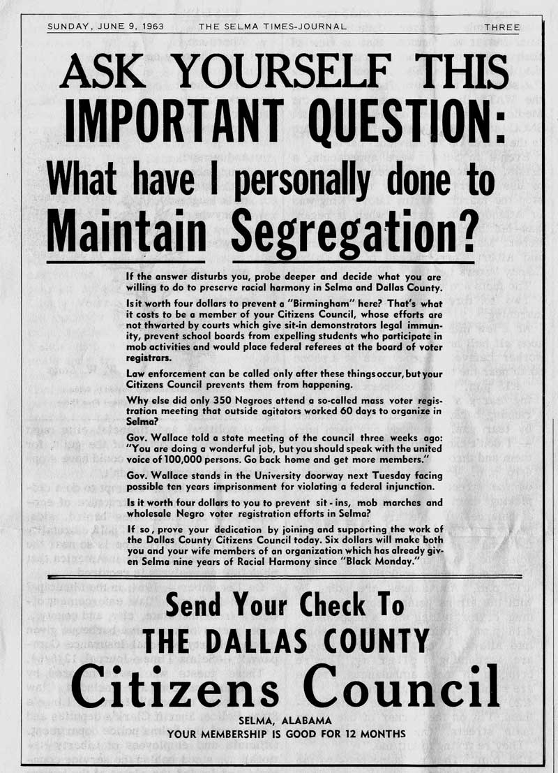 A White Citizens' Council recruiting pamphlet published in the Selma Times-Journal on June 9, 1963.