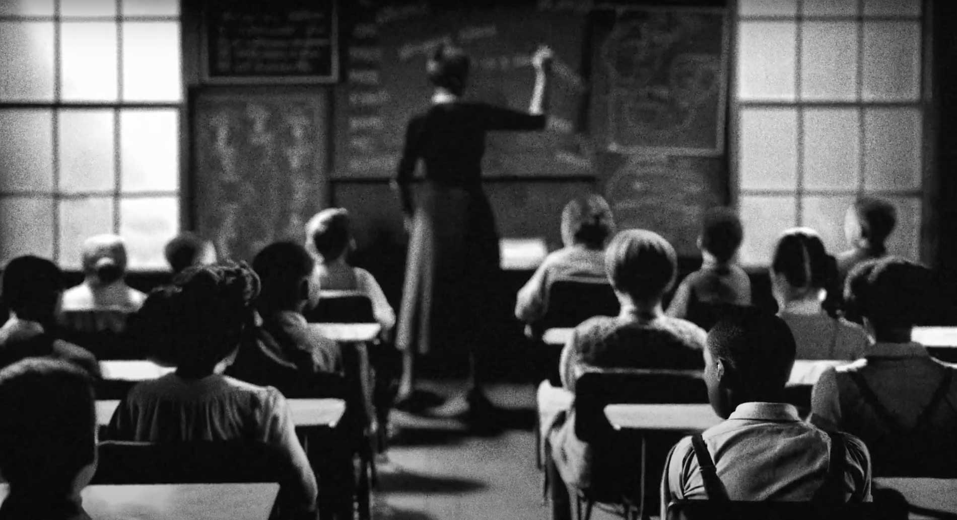 Black and white image of classroom