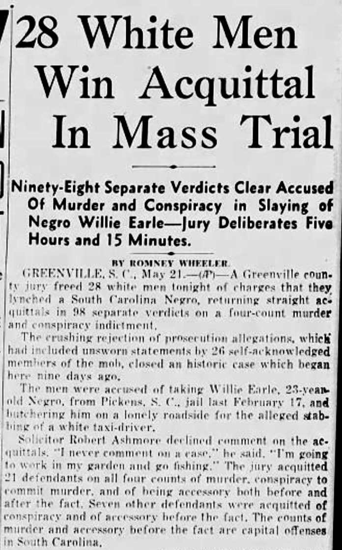 Newspaper entry about Willie Earle's lynching